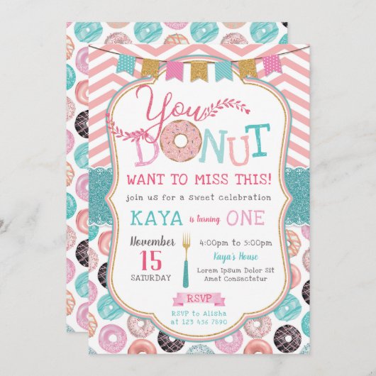 Donut Birthday Uitnodiging (Voorkant / Achterkant)