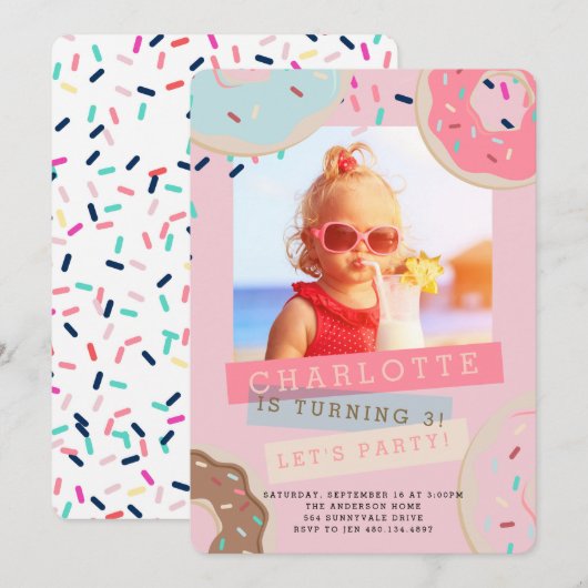 Donut Birthday Uitnodiging - Miss deze partij! (Voorkant / Achterkant)