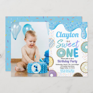 Donut Boy Sweet One 1st Birthday Party Blue Foto Kaart