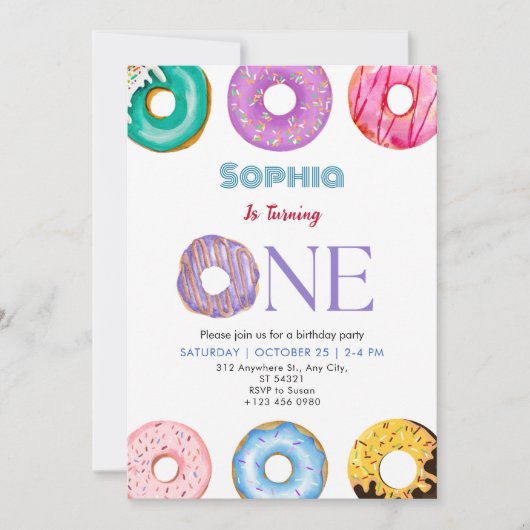 Donut coloré Un Anniversaire Fête Invitation (Devant)