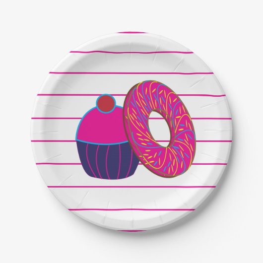 Donut Cupcake Roze strippatroon Papieren Bordje (Voorkant)