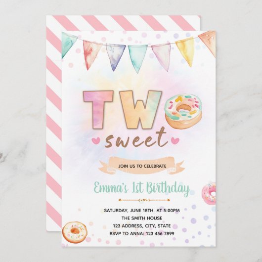 Donut DEUX douce invitation d'anniversaire (Devant / Derrière)