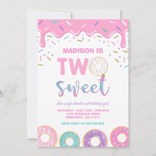 Donut Deux Invitations de fête douce rose (Devant)