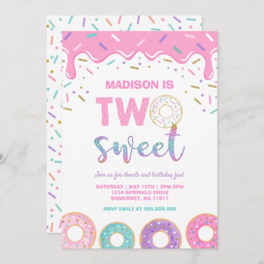 Donut Deux Invitations de fête douce rose (Devant / Derrière)
