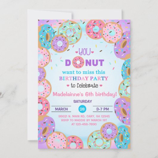 Donut, donuts, meisje 6e verjaardag uitnodiging. kaart (Voorkant)