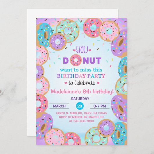 Donut, donuts, meisje 6e verjaardag uitnodiging. kaart (Voorkant / Achterkant)