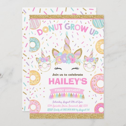 Donut en Unicorn Uitnodiging Donut Groei op Partij (Voorkant / Achterkant)