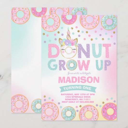 Donut Grow Up Anniversaire Invitation Donut & Unic (Devant / Derrière)