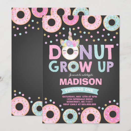 Donut Grow Up Anniversaire Invitation Donut & Unic (Devant / Derrière)