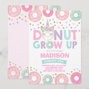 Donut Grow Up Birthday Invitation Donut & Unicorn Kaart