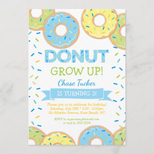 Donut Grow Up Jongen Verjaardag Uitnodiging Blauw
