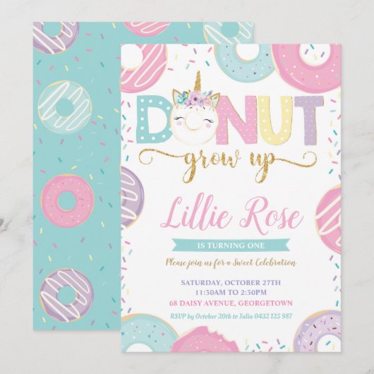 Donut Grow Up Unicorn 1er anniversaire Invitation (Devant / Derrière)