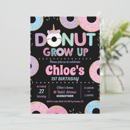 Donut Grow Up Unicorn Anniversaire Invitations Fil (Debout devant)