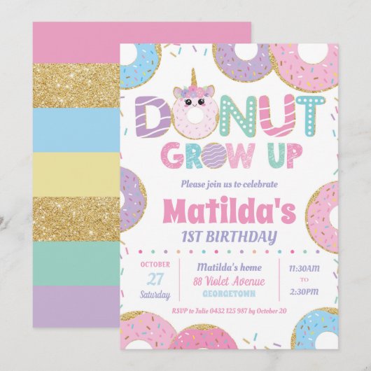 Donut Grow Up Unicorn Anniversaire Invitations Fil (Devant / Derrière)