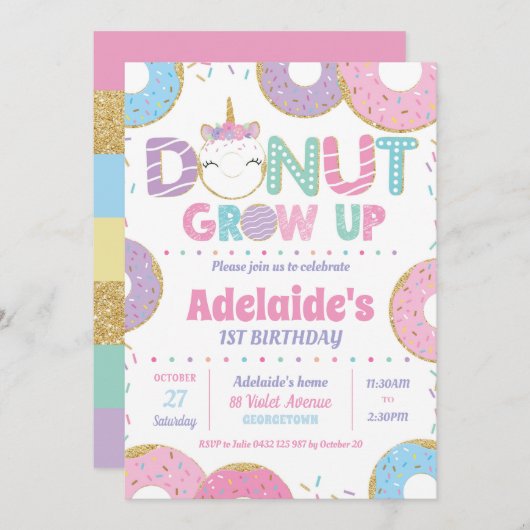 Donut Grow Up Unicorn Anniversaire Invitations Fil (Devant / Derrière)