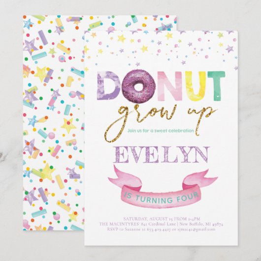 Donut Invitation Anniversaire Donut Grow Up Party (Devant / Derrière)