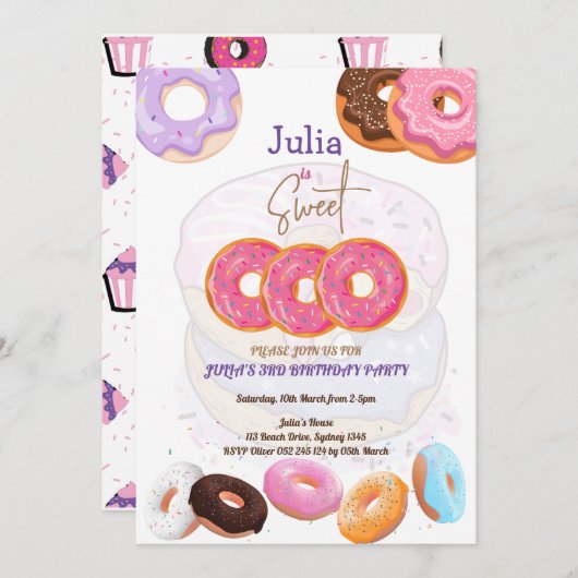 Donut invitation fille de 3e anniversaire (Devant / Derrière)