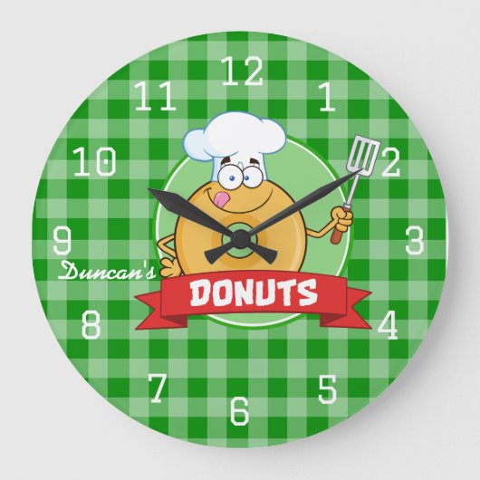 Donut Keuken Chef Groen Gingham Grote Klok (Voorkant)