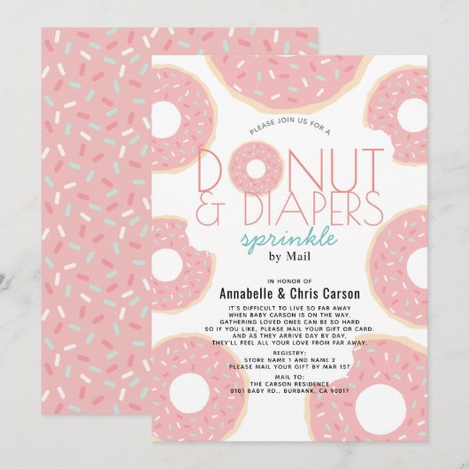 Donut & Luiers Strooi Roze Baby shower per Mail Kaart (Voorkant / Achterkant)
