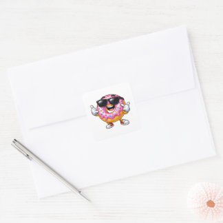 Donut Met Zonnebril Speelse Voedsel Illustratie Vierkante Sticker