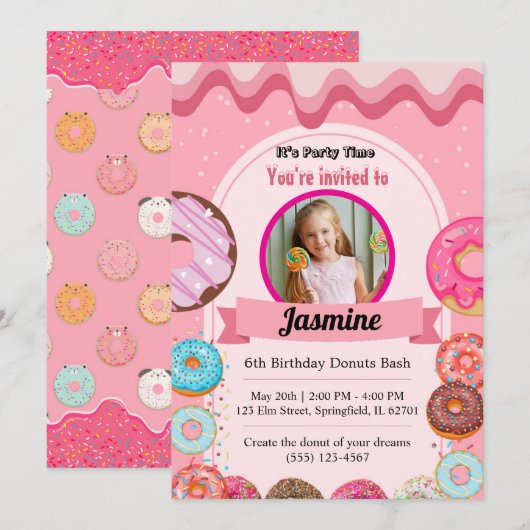 Donut Motif 6e anniversaire de fête Invitation (Devant / Derrière)