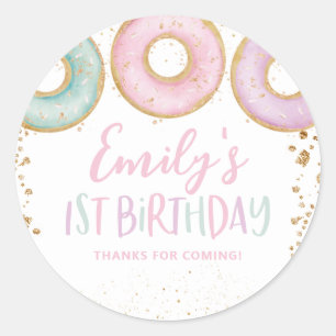 Donut Party Dank je wel de 1 ste verjaardag Ronde Sticker
