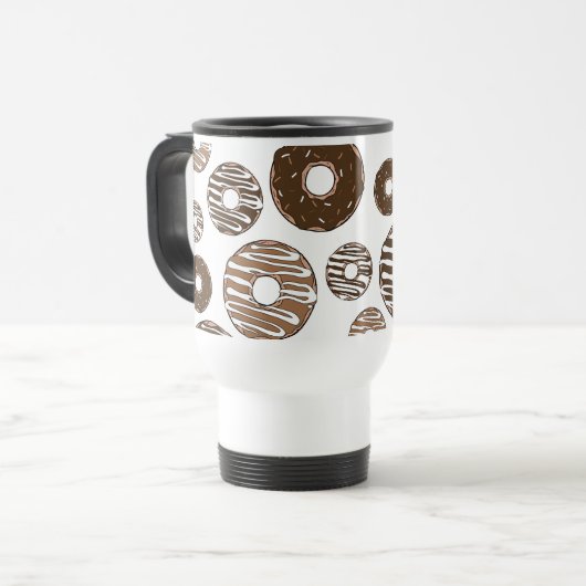 Donut Pattern, Chocolate Donuts, Karamel Donuts Reisbeker (Voorkant links)