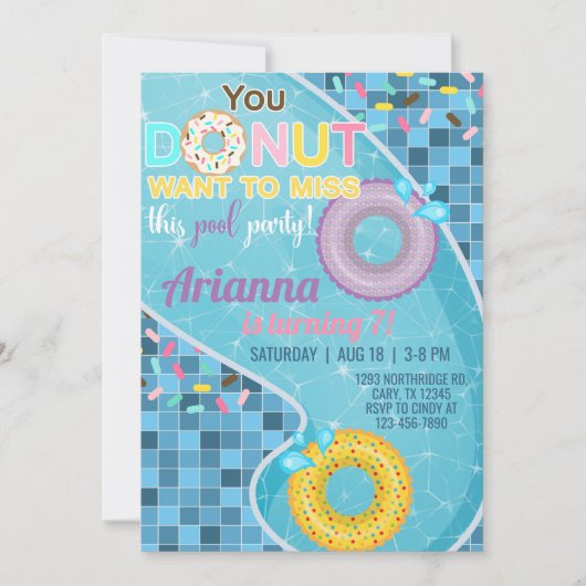 Donut poolmeisje verjaardagsuitnodiging, pooluitno kaart (Voorkant)