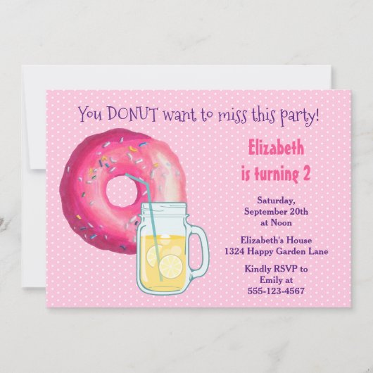 Donut Rose Et Lemonade Anniversaire Invitation (Devant)