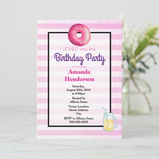 Donut Rose Et Lemonade Fancy Invitation Anniversai (Debout devant)