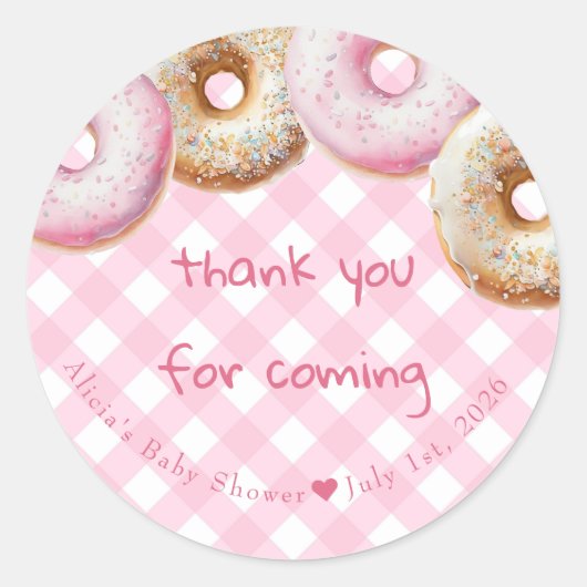 Donut | Roze Gingham Meisje Baby shower Dank u Ronde Sticker (Voorkant)
