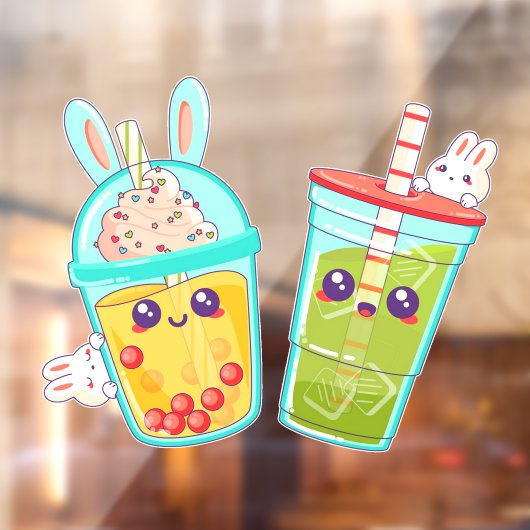 Donut Shop Bubble And Matcha Tea Bunny Cartoon Raamsticker (Vel 2)