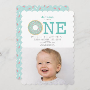 Donut Simple Mint Green Boy Foto 1st Birthday Kaart