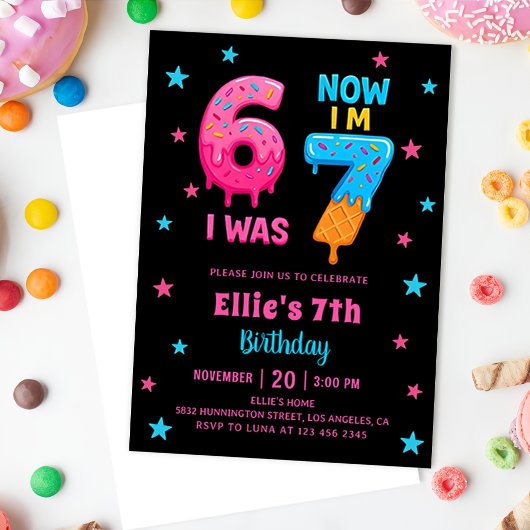 Donut Six Seven Girl Birthday Invitation