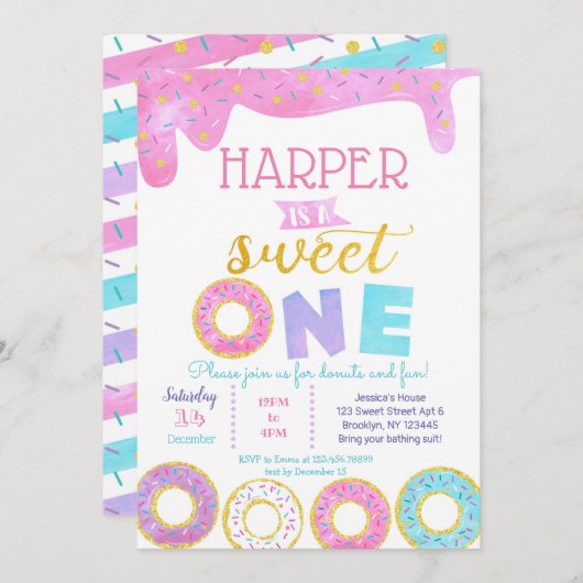 Donut Sweet One Eerste Verjaardag Uitnodigingen 1e (Voorkant / Achterkant)