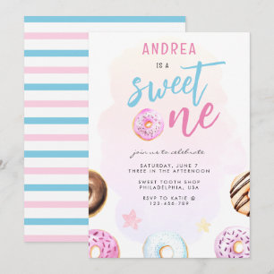 Donut Sweet One Pink and Blue Girl First Birthday Kaart