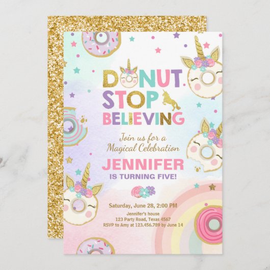 Donut Unicorn Invitation Anniversaire Pink Gold Gi (Devant / Derrière)