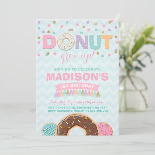 Donut Verjaardag Uitnodiging Donut Grow Up Party (Staand voorkant)