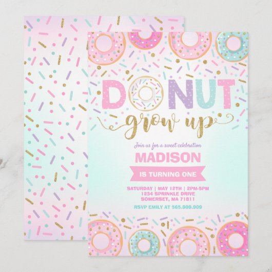 Donut Verjaardag Uitnodiging Donut Grow Up Party (Voorkant / Achterkant)