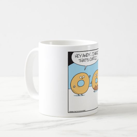 Donut vraagt zich af of er koffie is gedronken. koffiemok (Voorkant links)