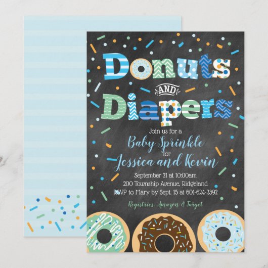 Donuts and Diapers Baby Boy Sprinkle Chalkboard Kaart (Voorkant / Achterkant)