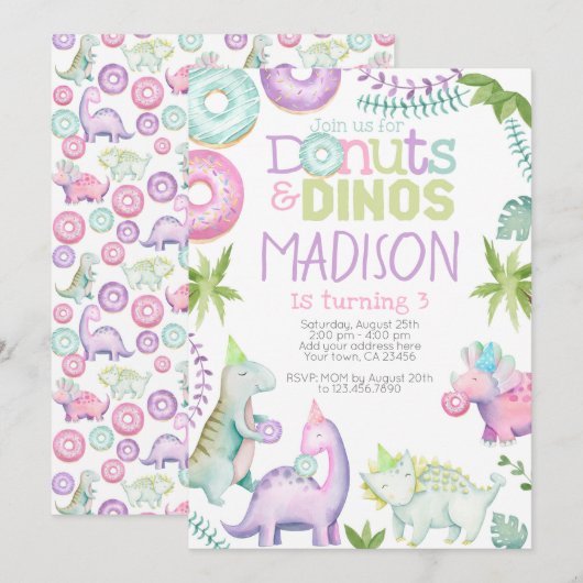 Donuts and Dinos Invitation (Pink & Lavender) (Devant / Derrière)
