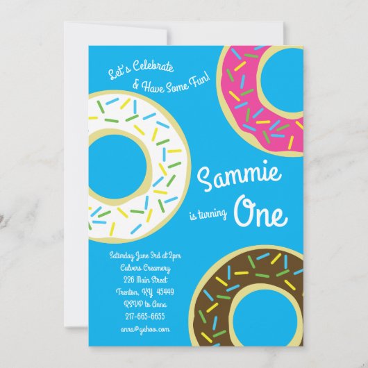 Donuts colorés 1er anniversaire Invitations (Devant)