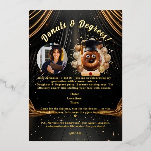 Donuts en graden foto afstuderen partij folie uitnodiging (Voorkant)