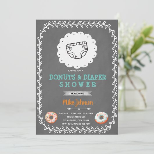 Donuts en luier baby shower uitnodiging (Staand voorkant)