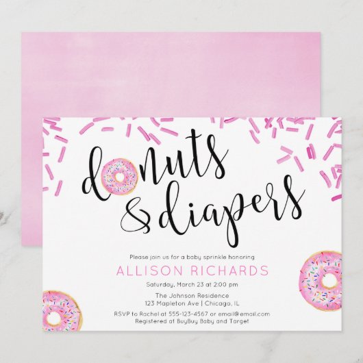 Donuts en luiers meisje baby strooi kaart (Voorkant / Achterkant)