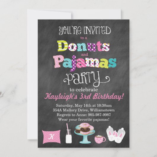Donuts en pyjamas Chalkboard Style Invitation Kaart (Voorkant)