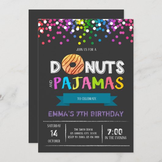 Donuts et pyjamas invitation à l'anniversaire (Devant / Derrière)