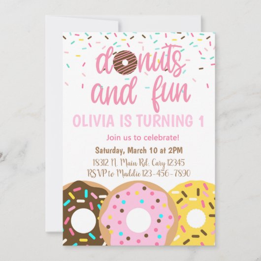 Donuts girl-uitnodiging, donut & sproinkles kaart (Voorkant)