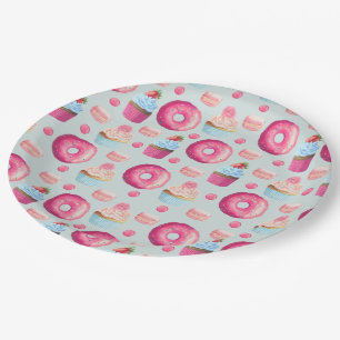 Donuts Macarons en Cupcake Patroon in Waterverf Papieren Bordje